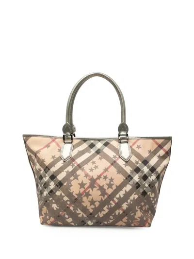 Pre-owned Burberry 2000-2017 Large Supernova Check Coated Canvas Star Nickie Tote Bag In Brown