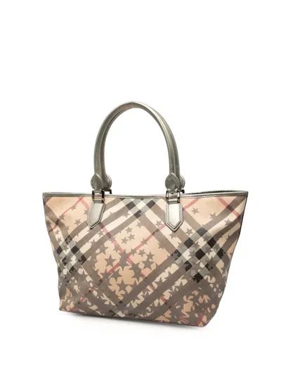 Pre-owned Burberry 2000-2017 Large Supernova Check Coated Canvas Star Nickie Tote Bag In Brown