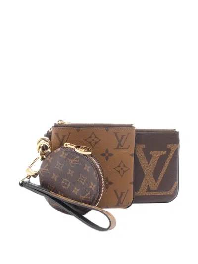 Pre-owned Louis Vuitton 2020 Monogram Giant Reverse Pochette Trio Pouch In Brown