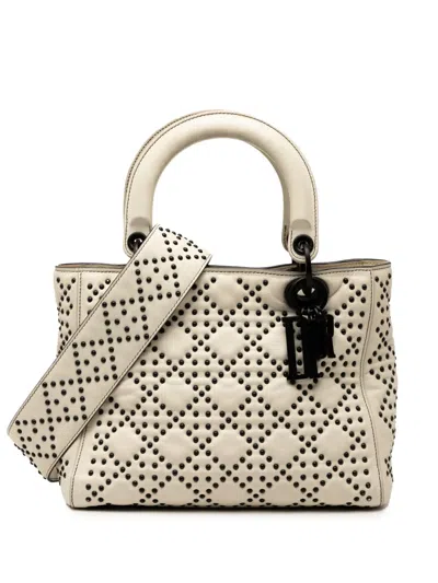 Pre-owned Dior 2018 Medium Lambskin Cannage Studded Supple Lady  Satchel In White