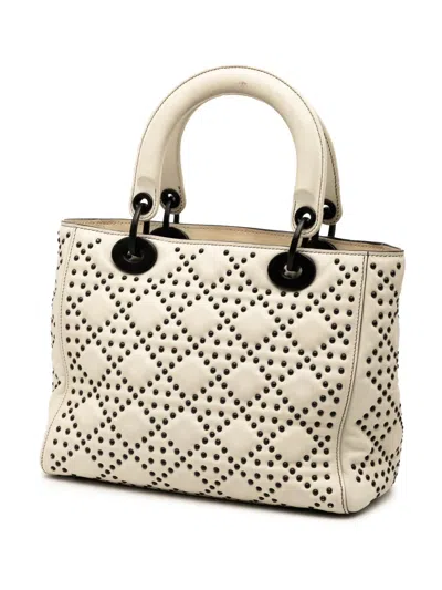 Pre-owned Dior 2018 Medium Lambskin Cannage Studded Supple Lady  Satchel In White
