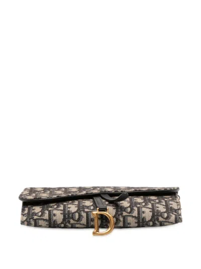 Pre-owned Dior 2021 Oblique Canvas Saddle Wallet On Chain Crossbody Bag In Blue