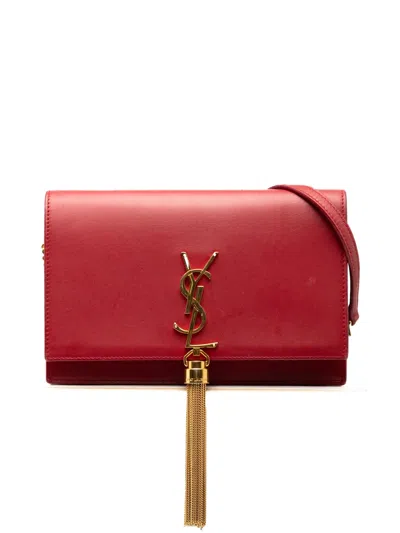 Pre-owned Saint Laurent 2017 Smooth Calfskin Monogram Kate Tassel Wallet On Chain Crossbody Bag In Red