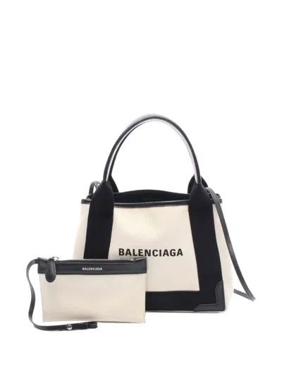 Pre-owned Balenciaga 2010-2025 Canvas Navy Cabas Xs Satchel In Neutral