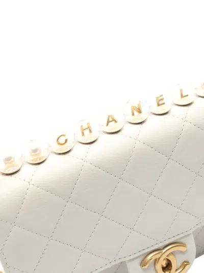 Pre-owned Chanel 2020 Cc Quilted Lambskin Turnlock Chic Pearls Flap Shoulder Bag In White