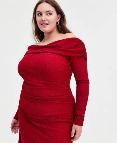 B Darlin Trendy Plus Size Off-the-shoulder Glitter Gown In Red