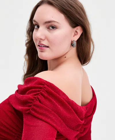 B Darlin Trendy Plus Size Off-the-shoulder Glitter Gown In Red