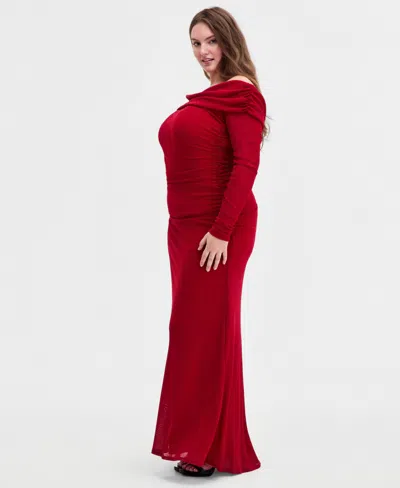 B Darlin Trendy Plus Size Off-the-shoulder Glitter Gown In Red