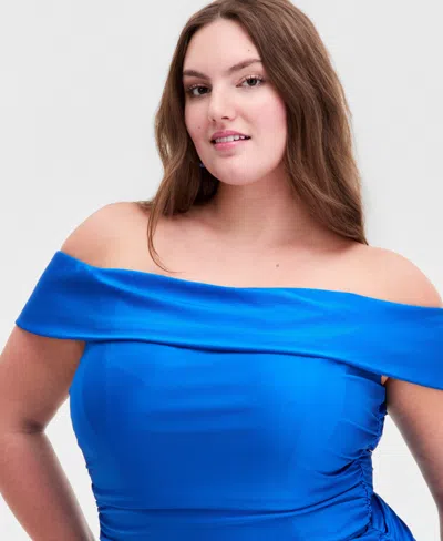 B Darlin Trendy Plus Size Off-the Shoulder Ruched Gown, Created For Macy's In Blue