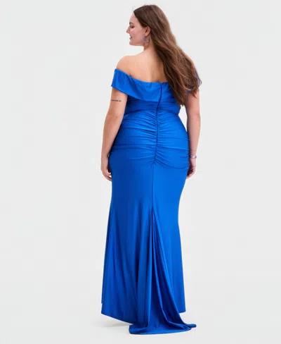 B Darlin Trendy Plus Size Off-the Shoulder Ruched Gown, Created For Macy's In Blue