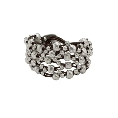 Unode50 Sterling Silver-plated Multiple Leather Tiers Bracelet In Black