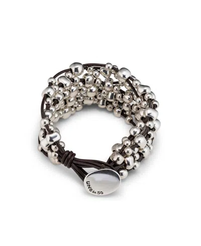Unode50 Sterling Silver-plated Multiple Leather Tiers Bracelet In Black