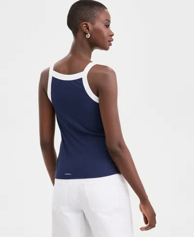 On 34th Women's Knit Solid Colored-trim Button-up Tank Top, Macy's Exclusive In Blue