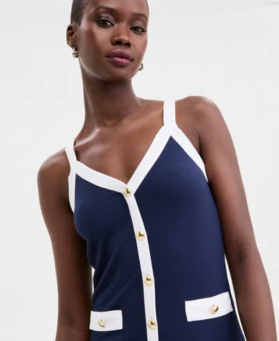 On 34th Women's Knit Solid Colored-trim Button-up Tank Top, Macy's Exclusive In Blue