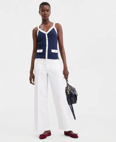 On 34th Women's Knit Solid Colored-trim Button-up Tank Top, Macy's Exclusive In Blue