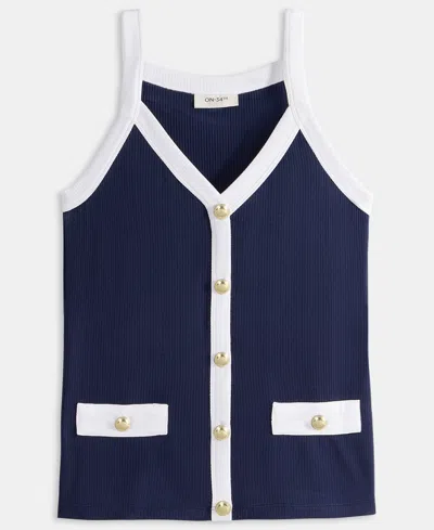 On 34th Women's Knit Solid Colored-trim Button-up Tank Top, Macy's Exclusive In Blue