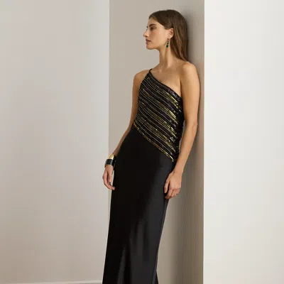 Ralph Lauren Beaded Mesh & Satin One-shoulder Gown In Multi