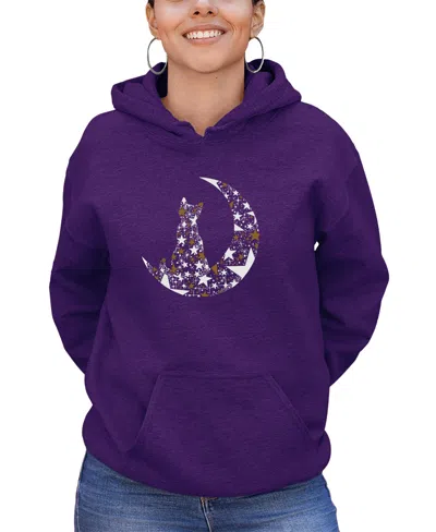 La Pop Art Women's Cat Sitting On Moon Word Art Long Sleeve Sweatshirt In Purple