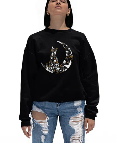 La Pop Art Women's Cat Sitting On Moon Word Art Crewneck Sweatshirt In Black