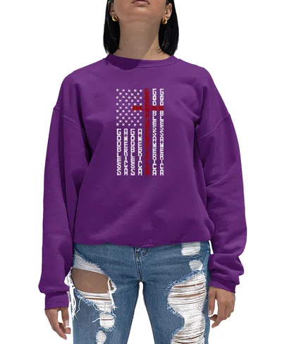 La Pop Art Women's Cross Flag Word Art Crewneck Sweatshirt In Purple