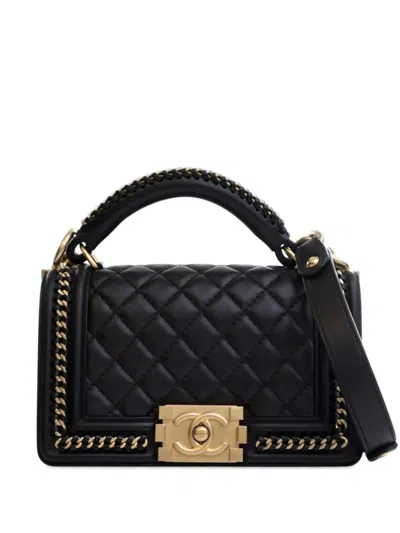 Pre-owned Chanel 2016-2017 Small Calfskin Chain Around Boy Top Handle Flap Satchel In Black