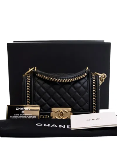 Pre-owned Chanel 2016-2017 Small Calfskin Chain Around Boy Top Handle Flap Satchel In Black