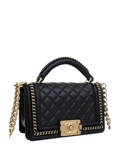 Pre-owned Chanel 2016-2017 Small Calfskin Chain Around Boy Top Handle Flap Satchel In Black