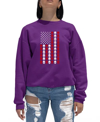 La Pop Art Women's Skull Flag Word Art Crewneck Sweatshirt In Purple