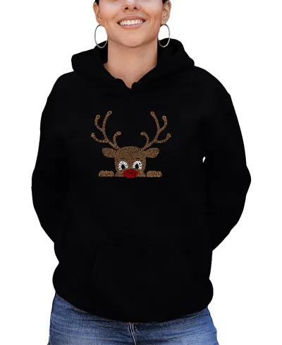 La Pop Art Women's Peeking Reindeer Word Art Long Sleeve Sweatshirt In Black