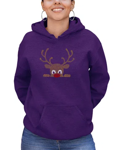 La Pop Art Women's Peeking Reindeer Word Art Long Sleeve Sweatshirt In Purple
