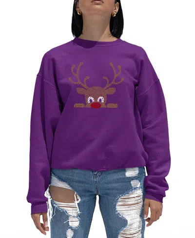 La Pop Art Women's Peeking Reindeer Word Art Crewneck Sweatshirt In Purple
