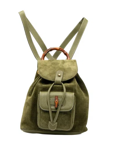 Pre-owned Gucci 20th Century Suede Bamboo Backpack In Green
