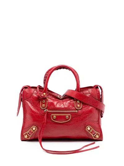 Pre-owned Balenciaga 2017 Small Lambskin Motocross Classic Metallic Edge City Satchel In Red