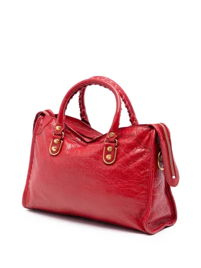 Pre-owned Balenciaga 2017 Small Lambskin Motocross Classic Metallic Edge City Satchel In Red