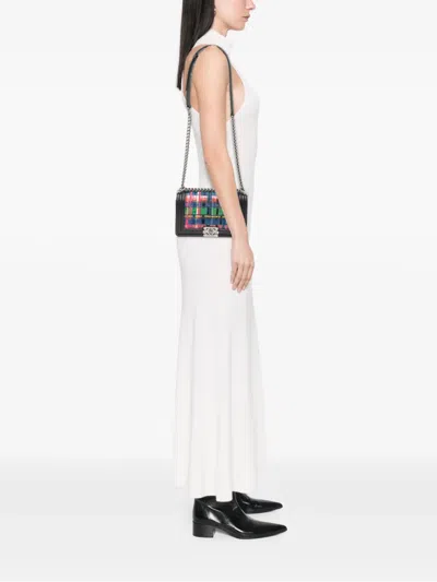 Pre-owned Chanel 2014 Old Medium Lambskin And Woven Pvc Boy Flap Crossbody Bag In Black