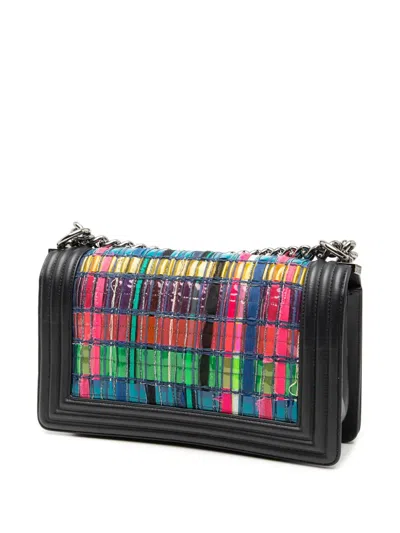 Pre-owned Chanel 2014 Old Medium Lambskin And Woven Pvc Boy Flap Crossbody Bag In Black