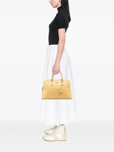 Pre-owned Prada 2021-2025 Large Saffiano Lux Promenade Satchel In Yellow