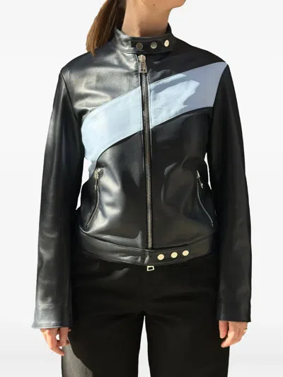 La Rose Zip-up Leather Bomber Jacket In Black