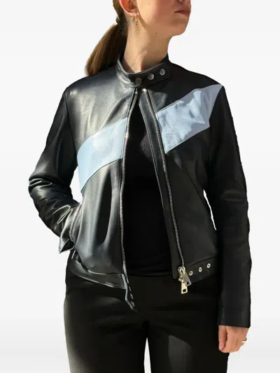 La Rose Zip-up Leather Bomber Jacket In Black