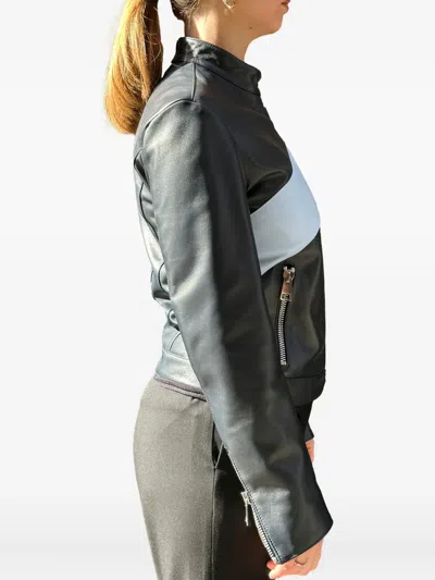 La Rose Zip-up Leather Bomber Jacket In Black