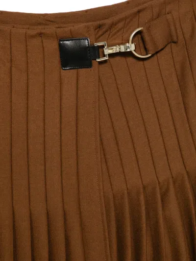 Semicouture Pleated Buckle-detail Midi Skirt In Brown