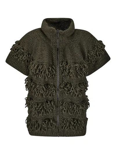 Handmade Fringed Zipped Cardigan In Green