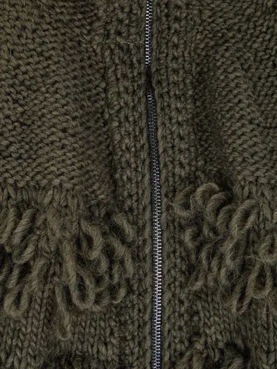 Handmade Fringed Zipped Cardigan In Green