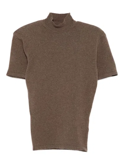 Jacquemus Ribbed Slim-fit Mock-neck Short-sleeve Wool-cashmere Jersey In Brown