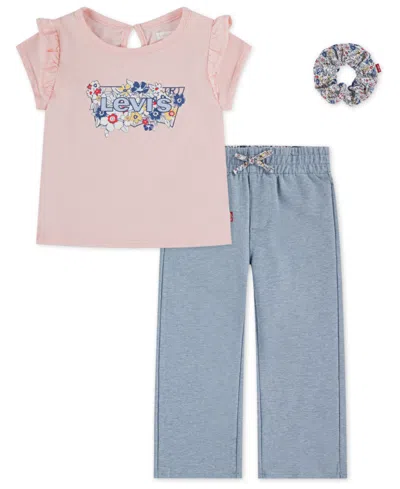 Levi's Girls Toddler 2t-4t Ruffle Shoulder Top, Pants, And Scrunchie, 3-piece Set In Pink
