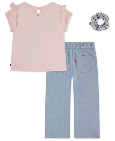 Levi's Girls Toddler 2t-4t Ruffle Shoulder Top, Pants, And Scrunchie, 3-piece Set In Pink