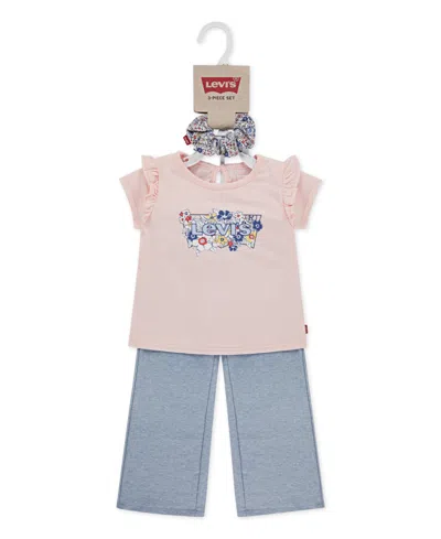 Levi's Girls Toddler 2t-4t Ruffle Shoulder Top, Pants, And Scrunchie, 3-piece Set In Pink