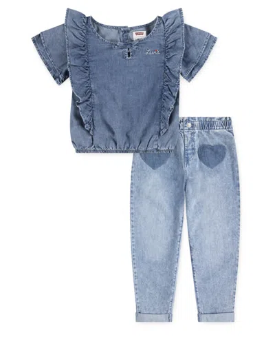 Levi's Girls 4-6x 2-piece Ruffle Round Neck Top And Heart Pocket Pants Set In Blue
