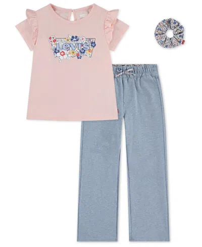 Levi's Girls 4t-6x Ruffle Shoulder Top, Pants And Scrunchie, 3-piece Set In Blue