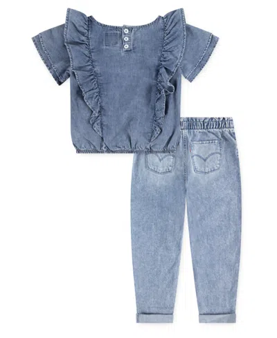 Levi's Girls 4-6x 2-piece Ruffle Round Neck Top And Heart Pocket Pants Set In Blue